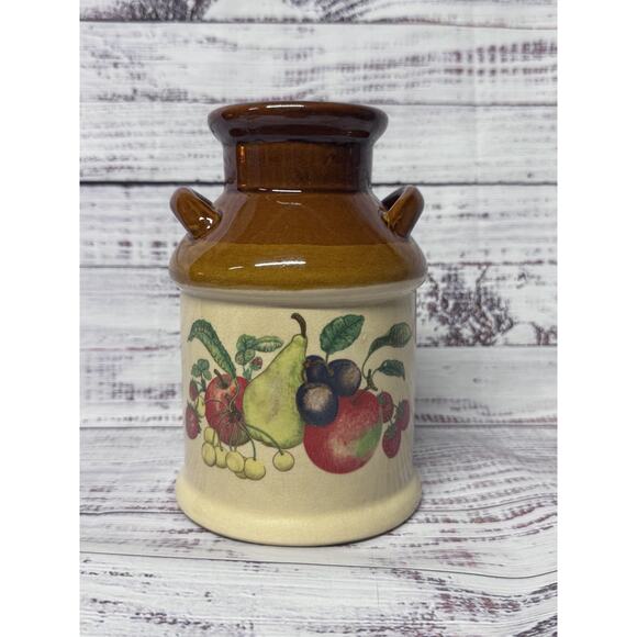VTG Stoneware 6" Fruit COTTAGECORE Crock Jug with 2 Handles Utensil Holder Decor - Picture 1 of 8